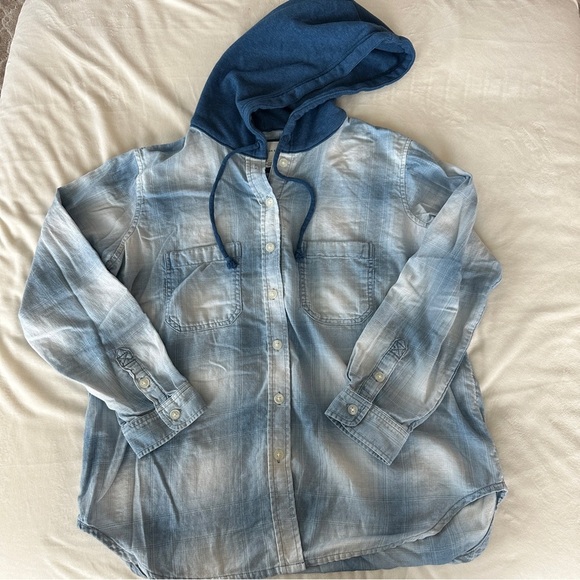 American Eagle Hooded Plaid Button Down Shirt Medium Blue Cabincore - Picture 1 of 10